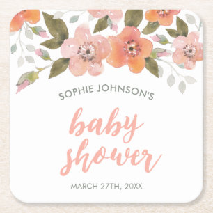 Peach Delicate Floral Baby Shower Square Paper Coaster