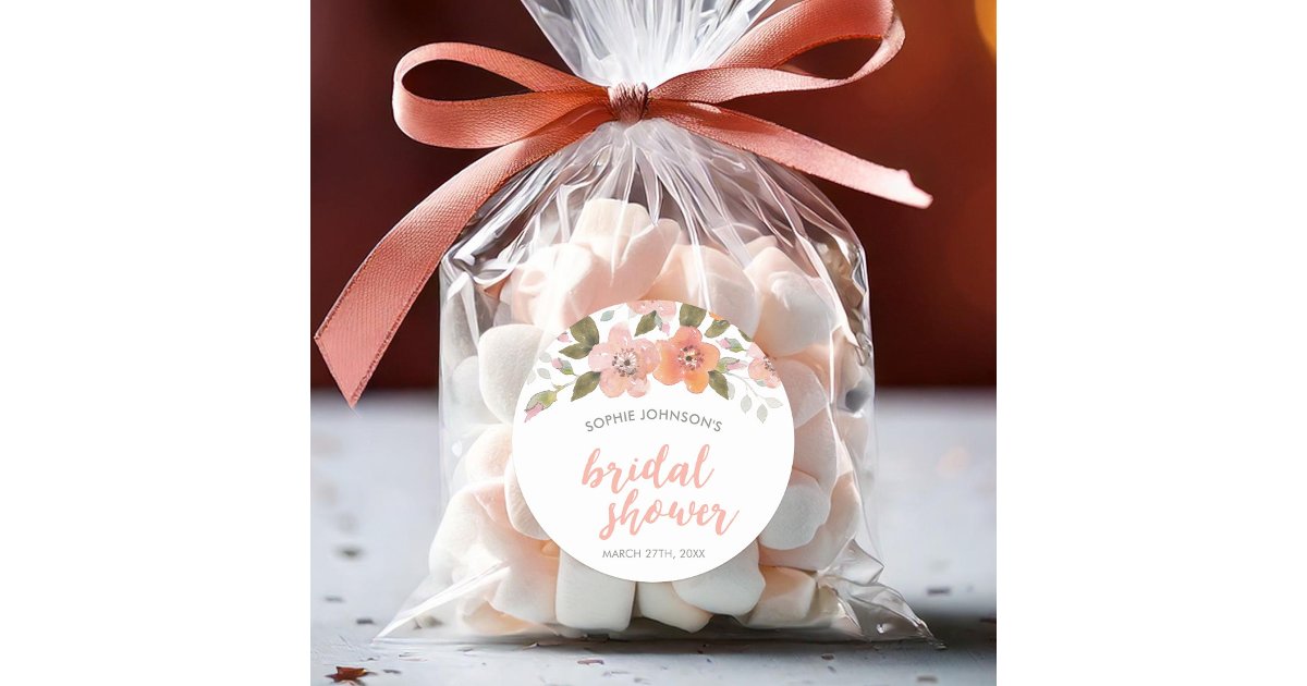 Peach Delicate Floral Bridal Shower Classic Round Sticker | Zazzle