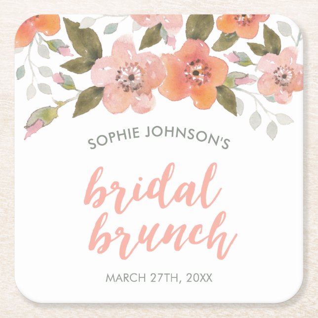 Peach Delicate Floral Bridal Shower Square Paper Coaster (Front)