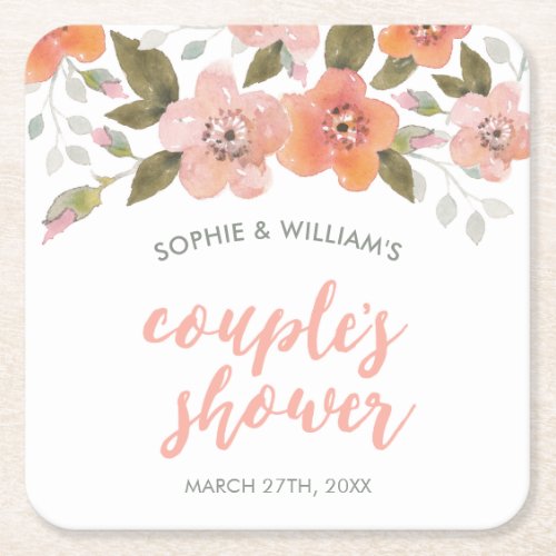 Peach Delicate Floral Couples Shower Square Paper Coaster