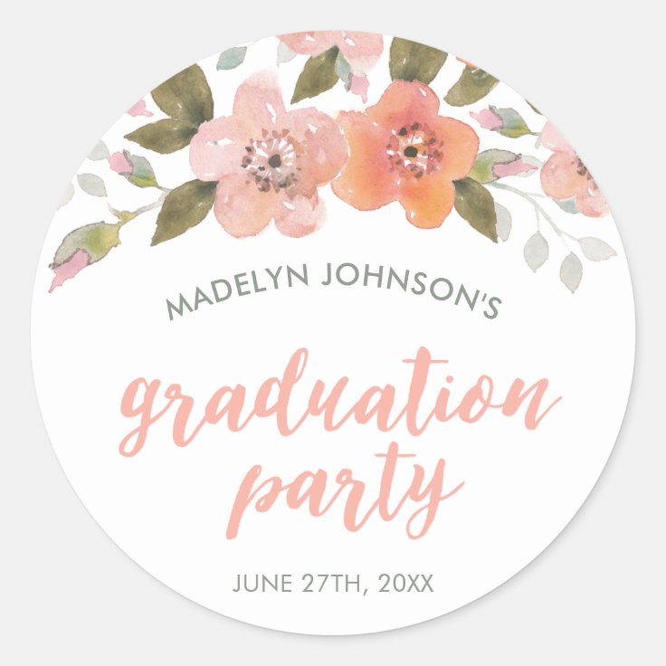 Peach Delicate Floral Graduate Graduation Party Classic Round Sticker ...