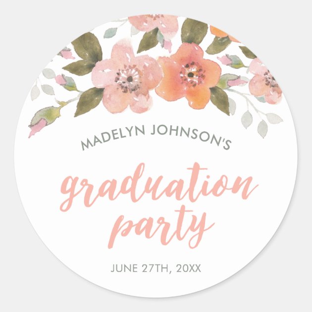Peach Delicate Floral Graduation Party Classic Round Sticker