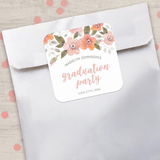 Peach Delicate Floral Graduation Party Square Sticker (Creator Uploaded)