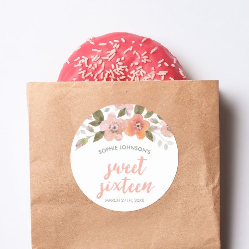 Peach Delicate Floral Sweet 16 Classic Round Sticker