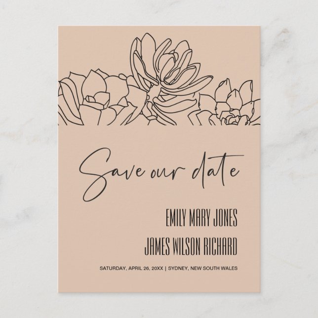 PEACH DESERT CACTI SUCCULENT SKETCH SAVE THE DATE ANNOUNCEMENT POSTCARD (Front)
