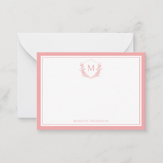 Peach Double Border Floral Crest Classic Monogram Note Card (Front)