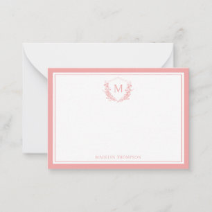 Peach Double Border Floral Crest Classic Monogram Note Card