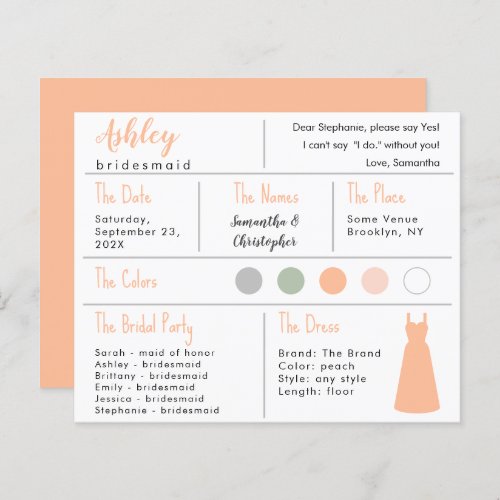 Peach Dress Color Bridesmaid Information Card