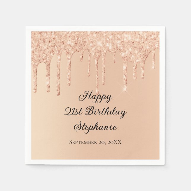 Peach Dripping Glitter Glam Trendy Bling Birthday  Napkins (Front)