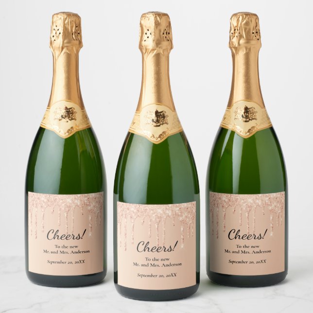 Peach Dripping Glitter Trendy Glam Bling Wedding  Sparkling Wine Label (Bottles)