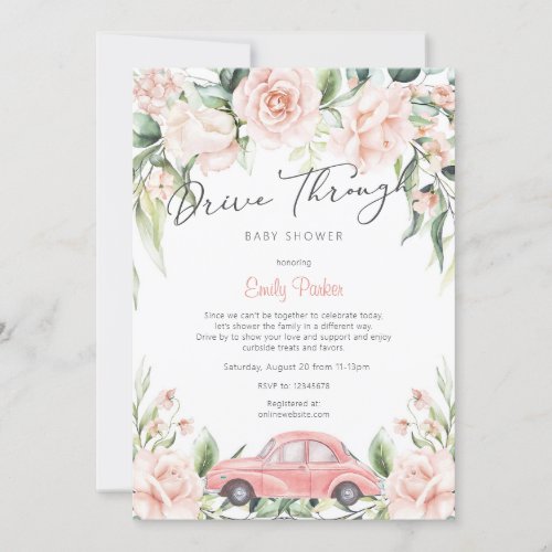 Peach Drive Through Watercolor Floral Baby Shower Invitation
