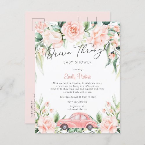  Peach Drive Through Watercolor Floral Baby Shower Invitation Postcard