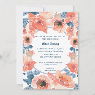 Peach Dusty Blue Roses Watercolor Bridal Shower Invitation