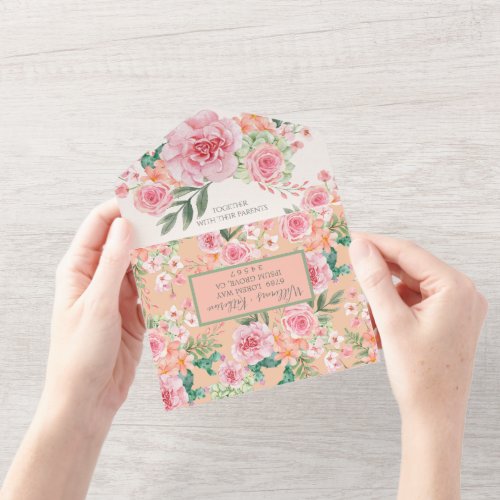 Peach Dusty Blush Pink  Peach Floral Wedding  All In One Invitation