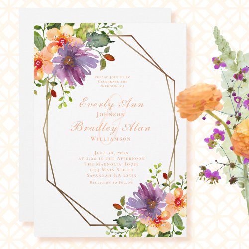 Peach Dusty Purple Floral QR Code Photo Wedding Invitation