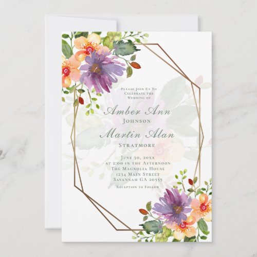 Peach Dusty Purple Watercolor Floral Wedding Invitation