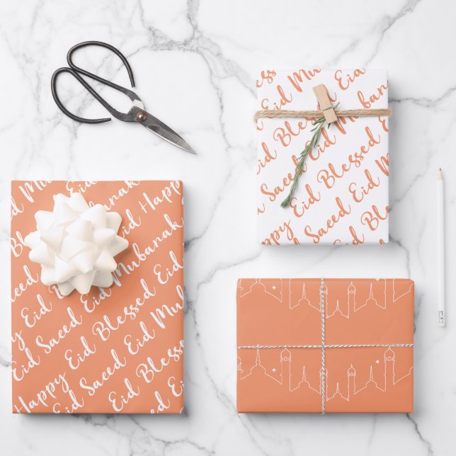 Peach Eid Calligraphy Masjid Pattern Design Wrapping Paper Sheets (Front)