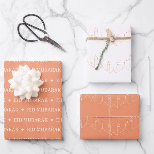 Peach Eid Mubarak Masjid Pattern Design Wrapping Paper Sheets