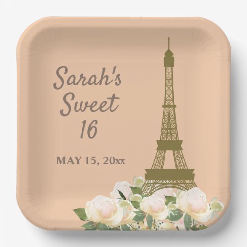 Peach Eiffel Tower French White Floral Sweet 16  Paper Plates