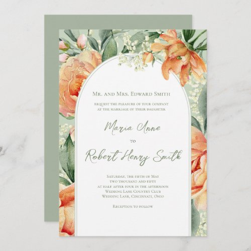 Peach Elegant Floral Arch Custom Wedding Invitation