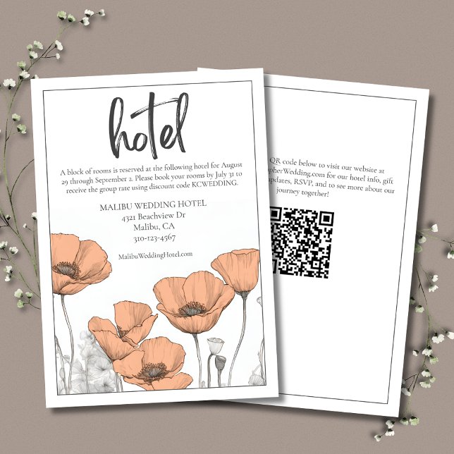 Peach Elegant Floral Poppies Wedding Hotel Enclosure Card (Peach Floral Wedding Hotel Enclosure Card with California Poppies, Modern Typography, and QR Code.)