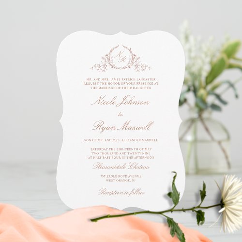 Peach Elegant Formal Monogram Wedding Invitation