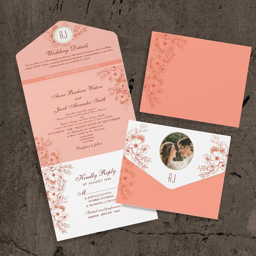 Peach Elegant Monogram Wedding All In One Invitation