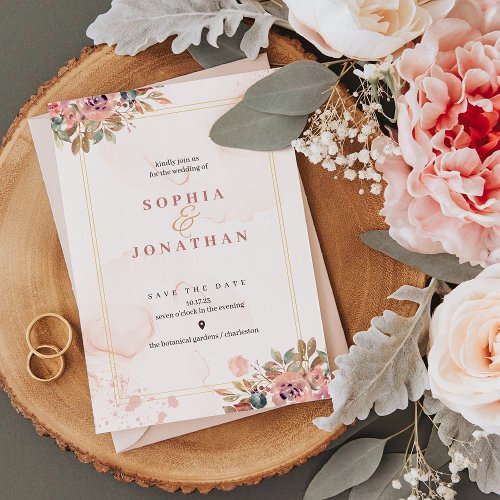 Peach Elegant Neutral Watercolor Floral Wedding Foil Invitation