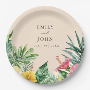 Peach Elegant Watercolor Tropical Floral Wedding Paper Plates