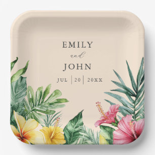 Peach Elegant Watercolor Tropical Flowers Wedding Paper Plates