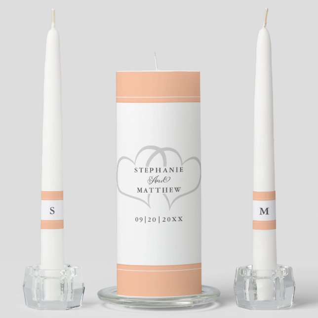 Peach Elegant Wedding Ceremony Bride & Groom Names Unity Candle Set (Front)