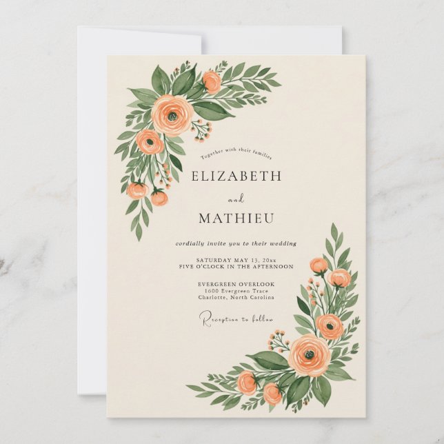 Peach Enchanting Botanical Wedding Invitation (Front)