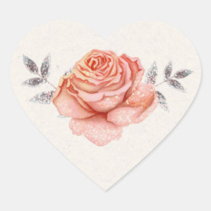 Peach Fairy Tale Glitter Rose Leaves Bridal Shower Heart Sticker