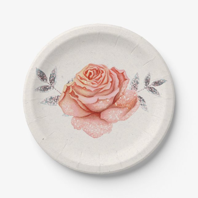 Peach Fairy Tale Glitter Rose Leaves Bridal Shower Paper Plates (Front)