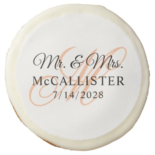 Peach Fancy Calligraphy Monogram Wedding Sugar Cookie