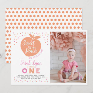 Peach First Birthday Invitation with Photo
