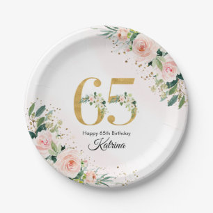 Peach Floral 65th Birthday Paper Plates