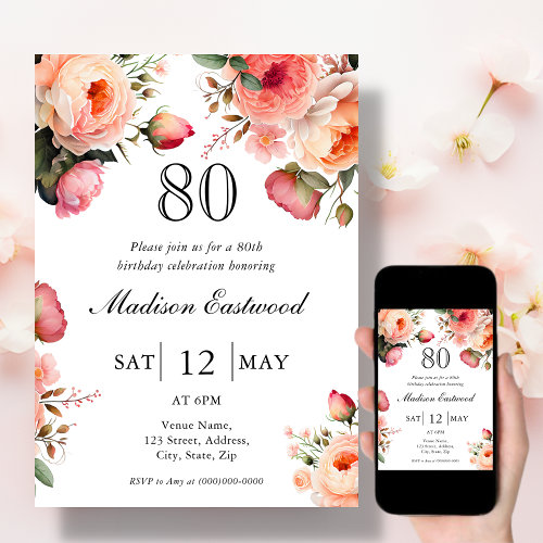 Peach Floral 80th Birthday Invitation