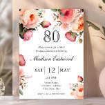 Peach Floral 80th Birthday Invitation<br><div class="desc">Looking for the perfect invitation for your upcoming 80th birthday bash? Look no further than these lovely peach floral invitations! With a delicate and beautiful design featuring pretty watercolor flowers with elegant font, these invitations will impress all your guests. Available to customize and purchase as card invitations, a digital download,...</div>