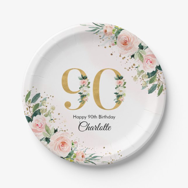 Peach Floral 90th Birthday Paper Plates (Front)