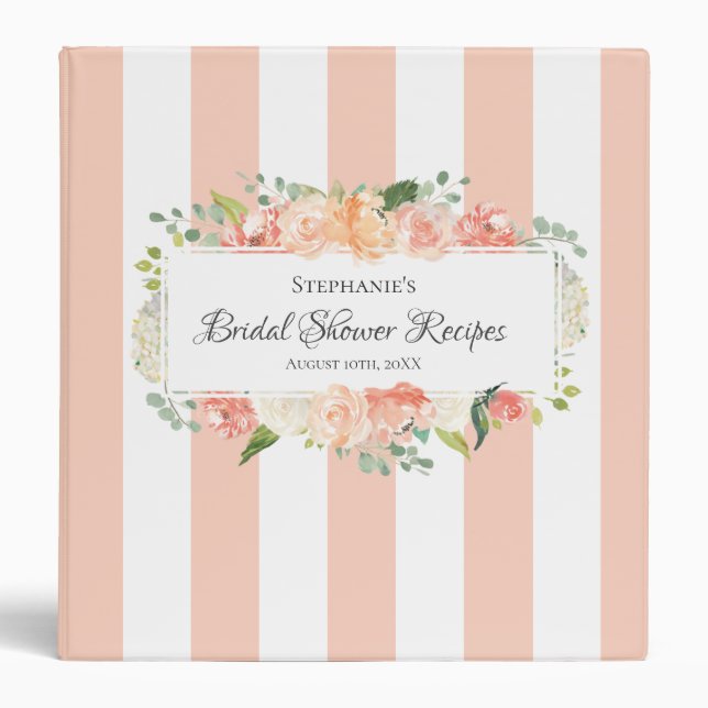 Peach Floral and Stripes Bridal Shower Recipes 3 Ring Binder (Front)