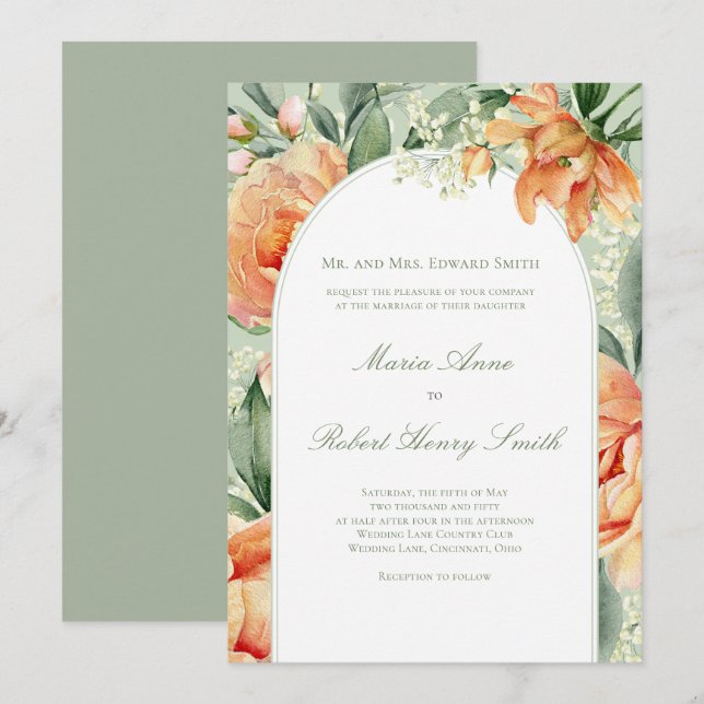 Peach Floral Arch Elegant Botanical Wedding Invitation (Front/Back)