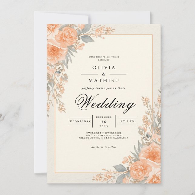 Peach Floral Arch Flourish Wedding Invitation (Front)