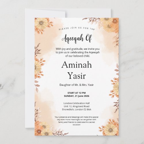 Peach Floral Baby Aqeeqah Muslim Naming Ceremony Invitation