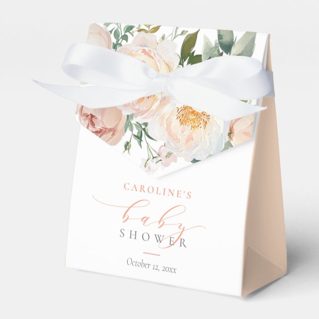Peach Floral Baby In Bloom Girl Baby Shower Favor Boxes (Front Side)