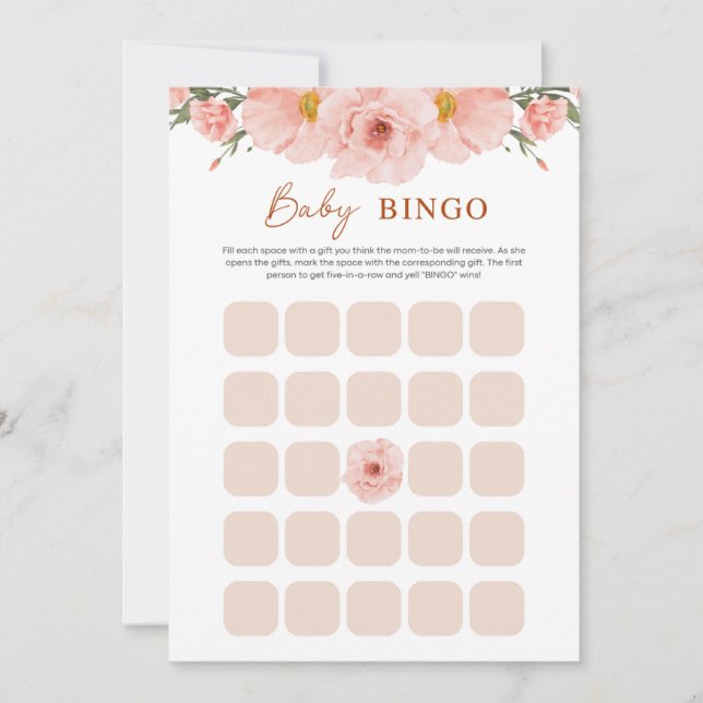 Peach Floral Baby Shower BINGO Card (Front)