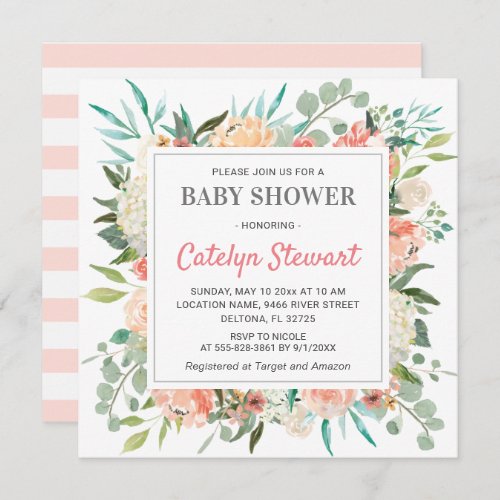 Peach Floral Baby Shower Girl Boy Gender Neutral Invitation