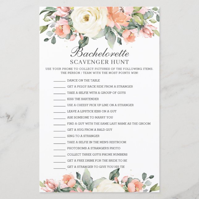 Peach Floral Bachelorette Scavenger Hunt Game (Front)