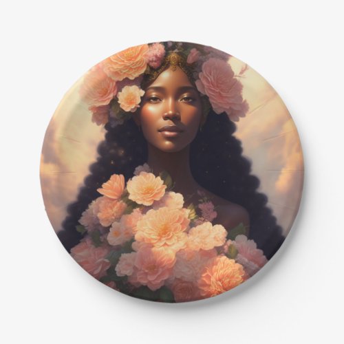 Peach Floral Black Woman Angelic Bloomcore Paper Plates