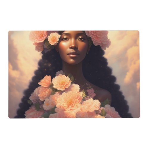 Peach Floral Black Woman Angelic Bloomcore Placemat